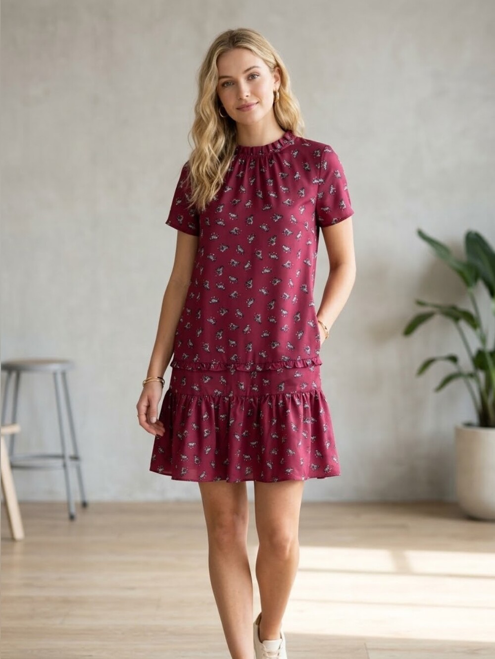 Joy Joy Burgundy Floral Short Sleeve Drop-Waist Mini Dress